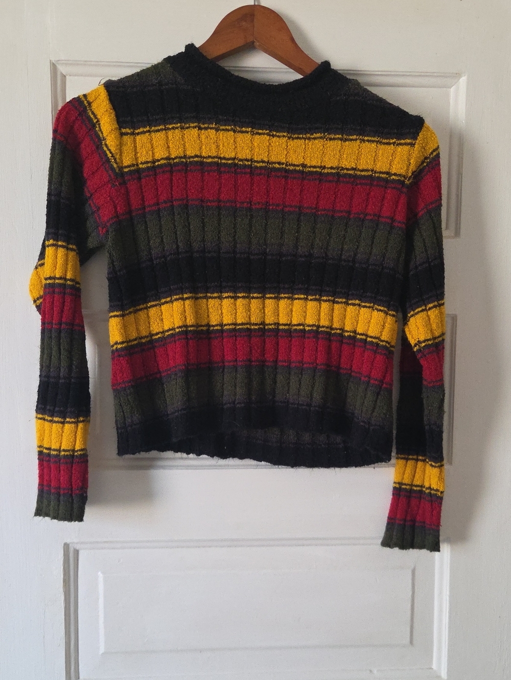 Ribbed Striped Crewneck Sweater in Yellow, Red & Olive